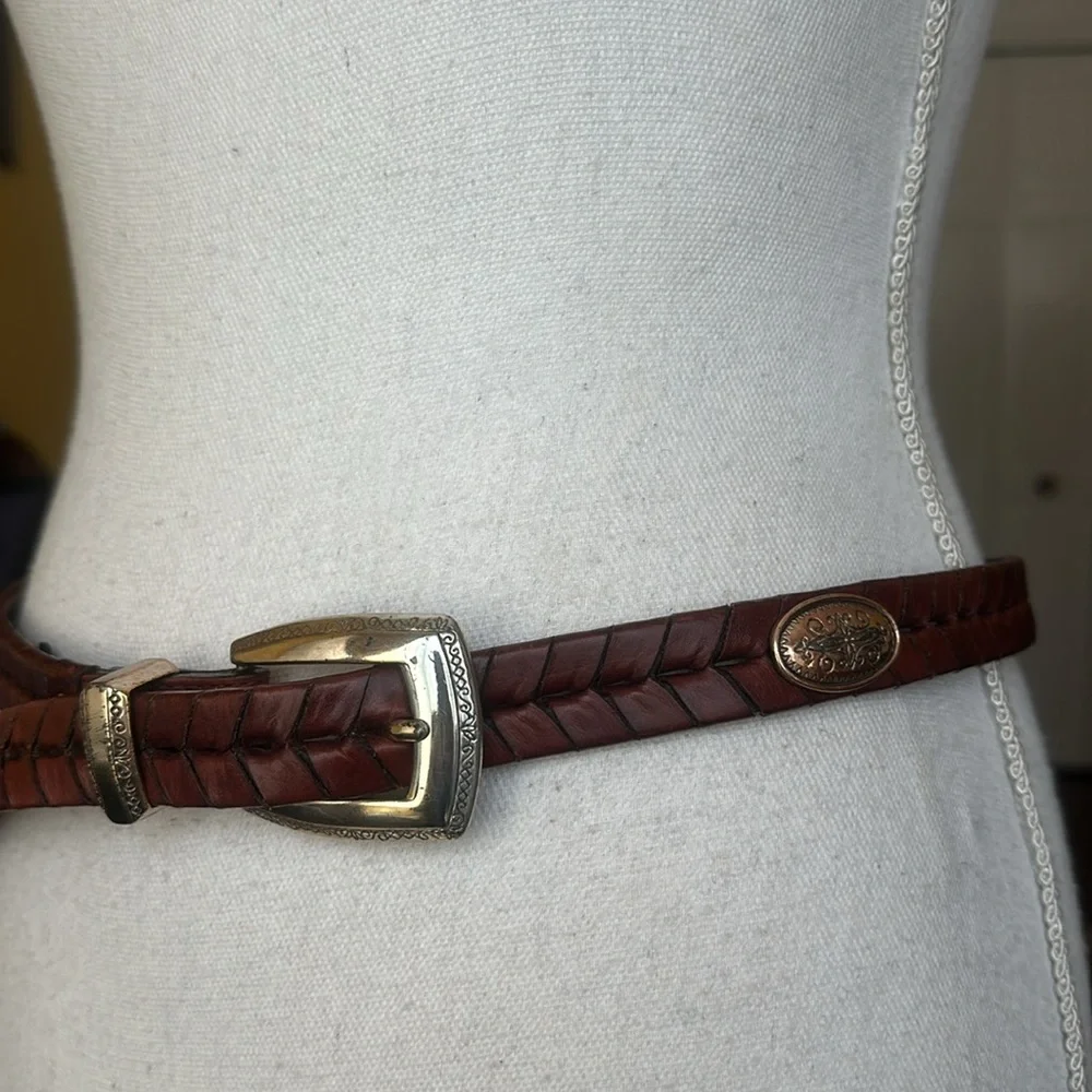 Brighton Brown Braided Leather Belt with Metal Medallions Size L